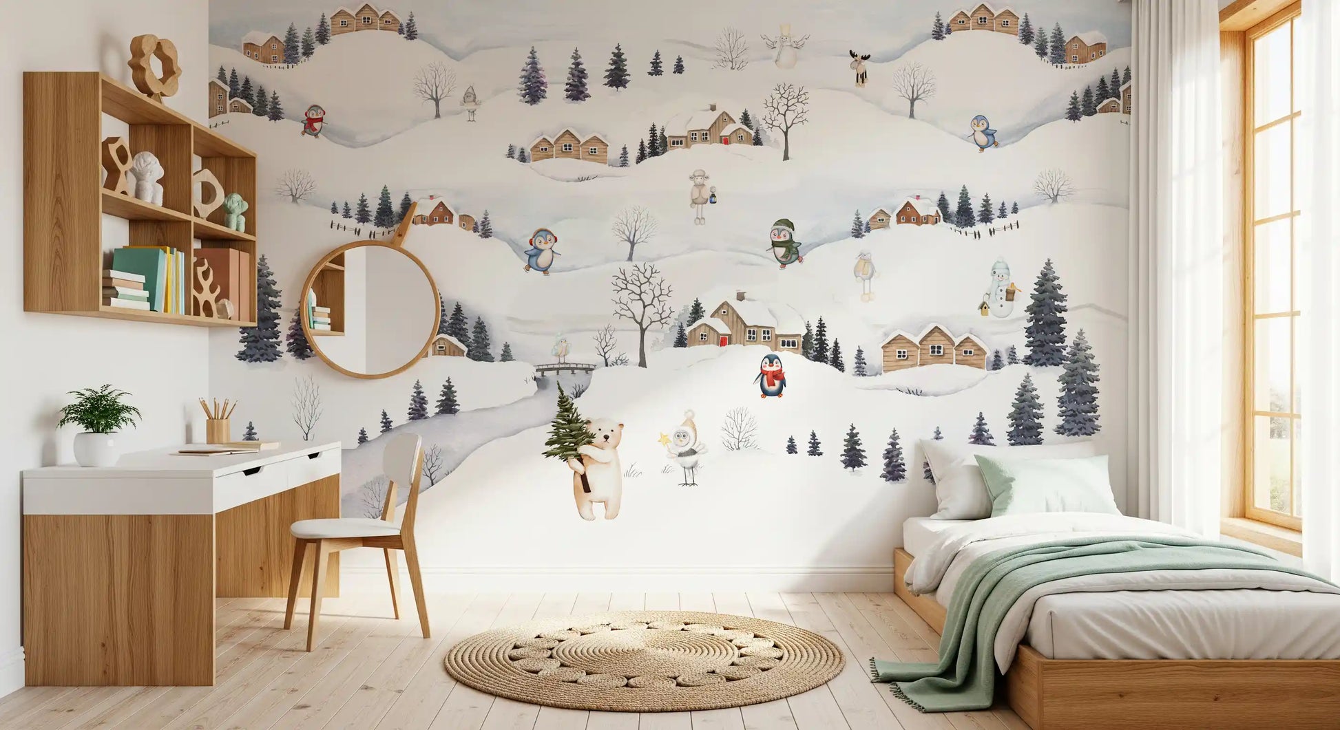 Tiny snowmen and a moose share the snowy  Playtime wall mural