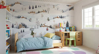 Toddler room backed by the winter scene of the Village Playtime wall mural