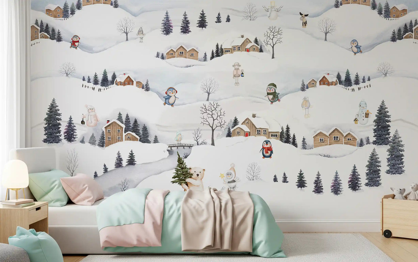 pines of the Arctic Village Playtime wall mural fill a bright Kids room