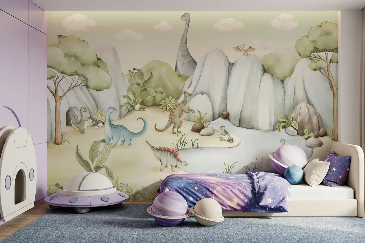 A gentle nursery wrapped in the Watercolor Dino World wall mural