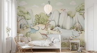 Watercolor Dino World wall mural seen in a calm kids' bedroom