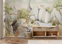 Friendly dinosaurs gather on the wall mural in a cheerful toddler room