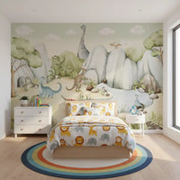 Watercolor Dino World wall mural showing a long-necked sauropod by the pool