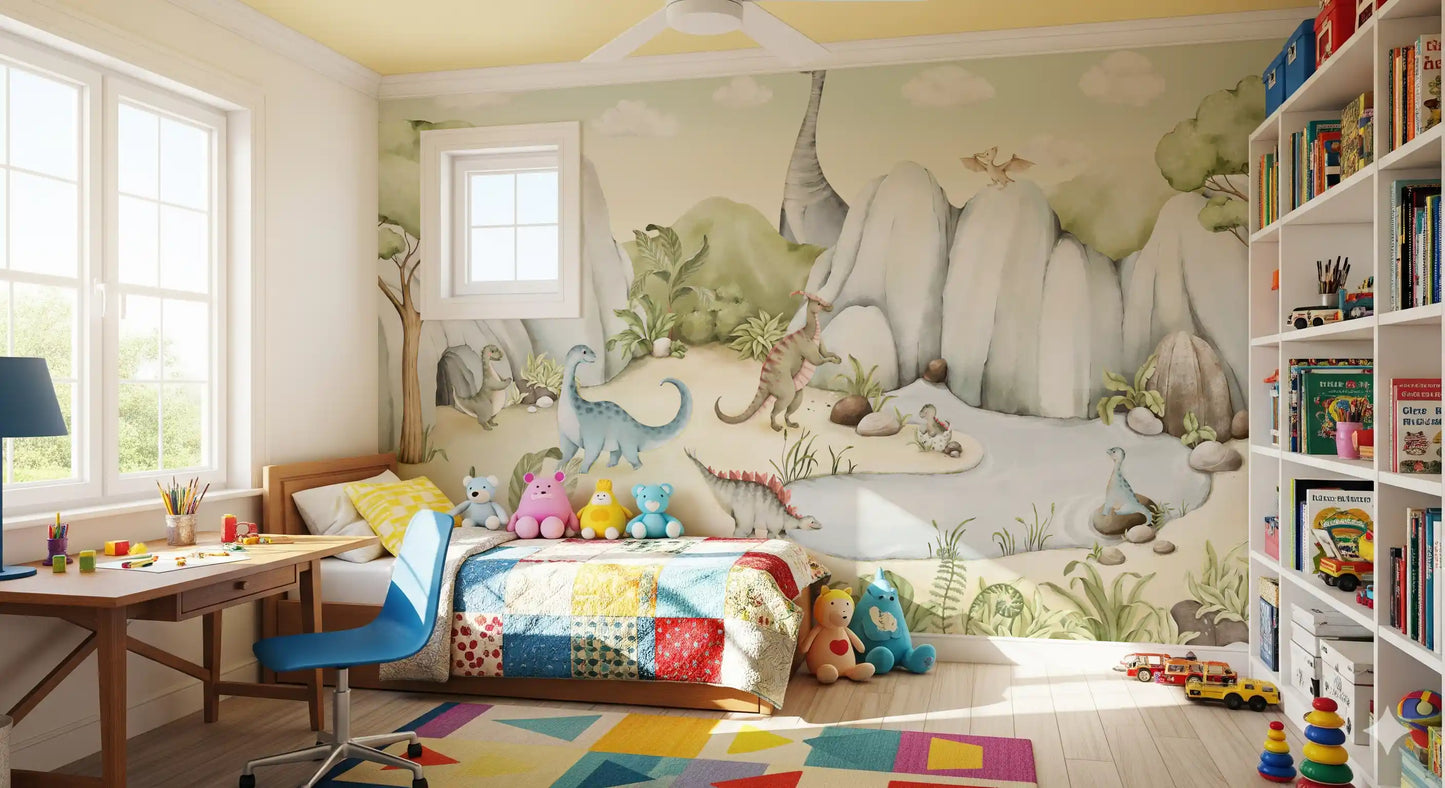 Ferns and rocks frame the scene on the Watercolor Dino World wall mural