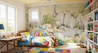 Ferns and rocks frame the scene on the Watercolor Dino World wall mural