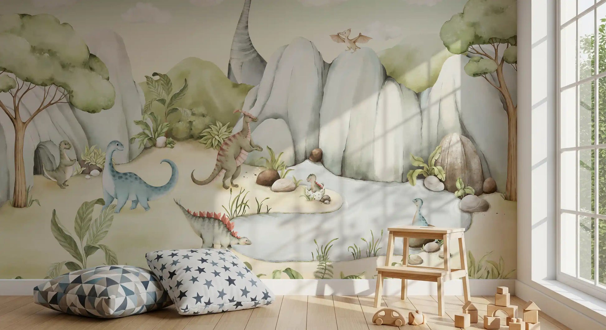 Pale greens spread over the Dino World wall mural in a sunny play area
