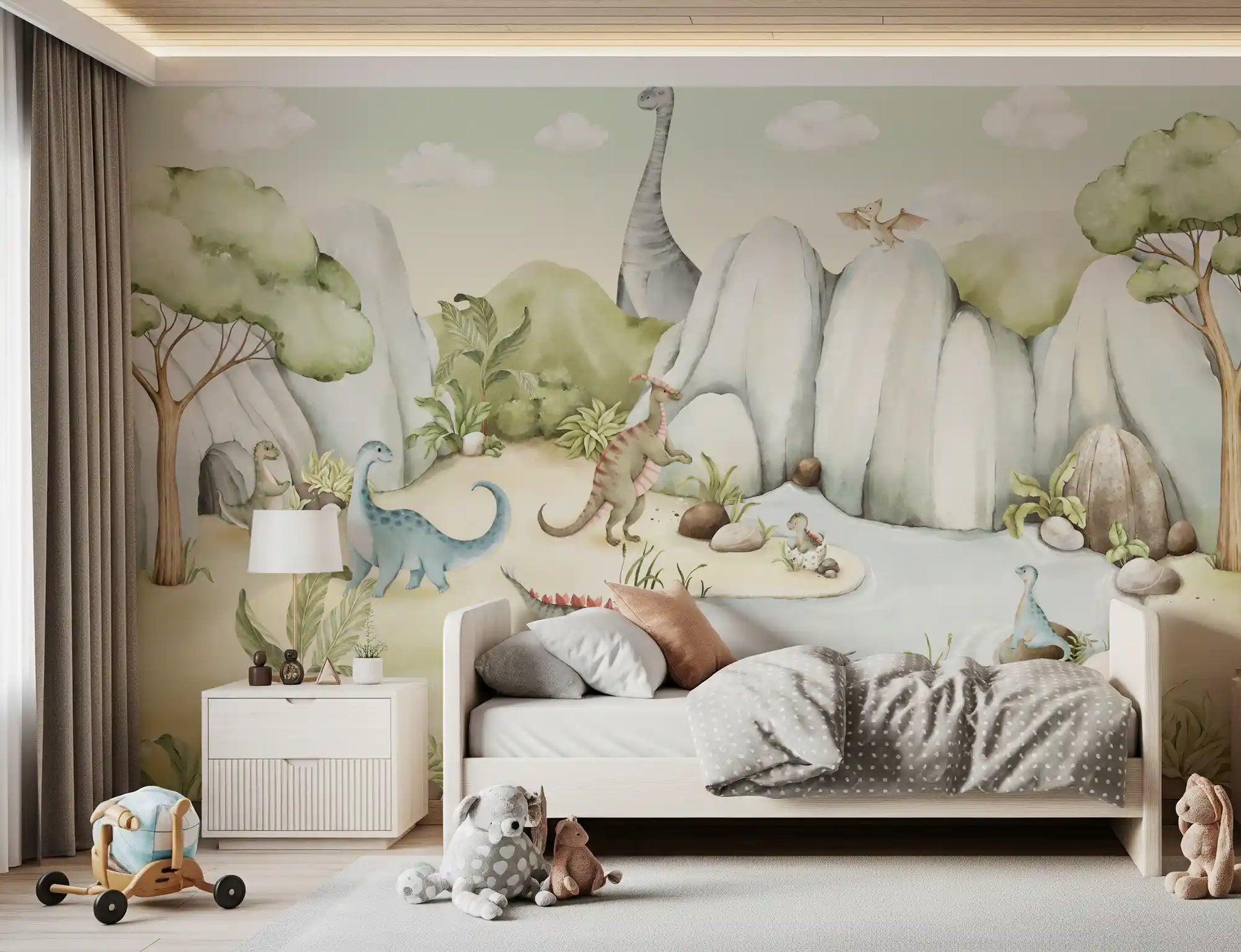 Watercolour dinosaurs wander a leafy valley in this wall mural