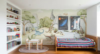A striped raptor and a stegosaurus meet on the Dino World wall mural