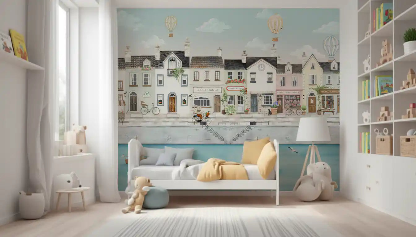 Quaint Town Dreams wall mural showing pastel shops along a quiet canal