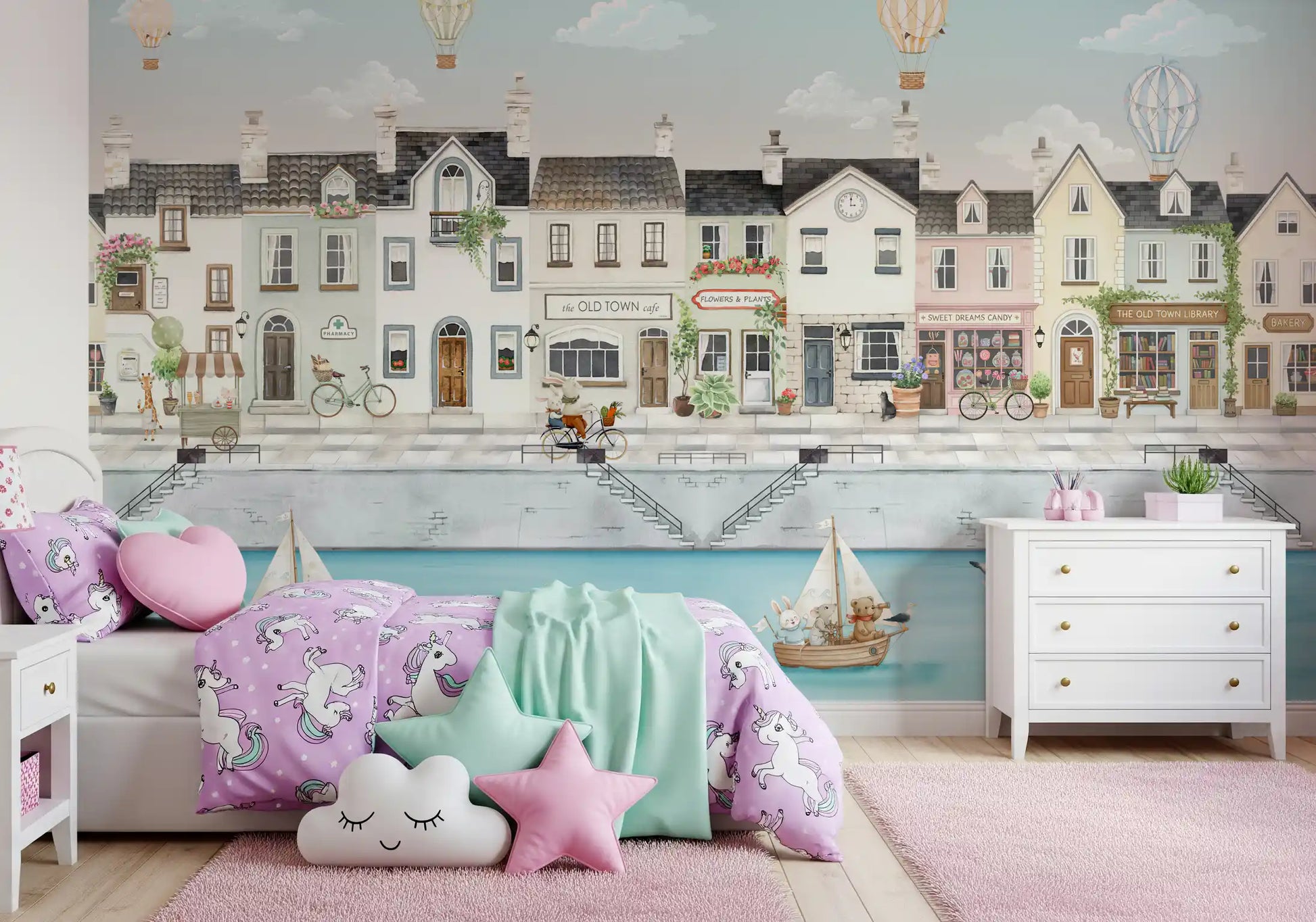 Kids bedroom harbour view brightens a study corner on the Canal Dreams wall mural