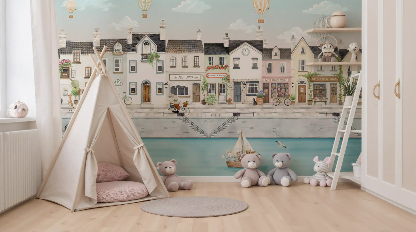 Pale aqua waterway scene fills the nursery on a Canal Dreams wall mural