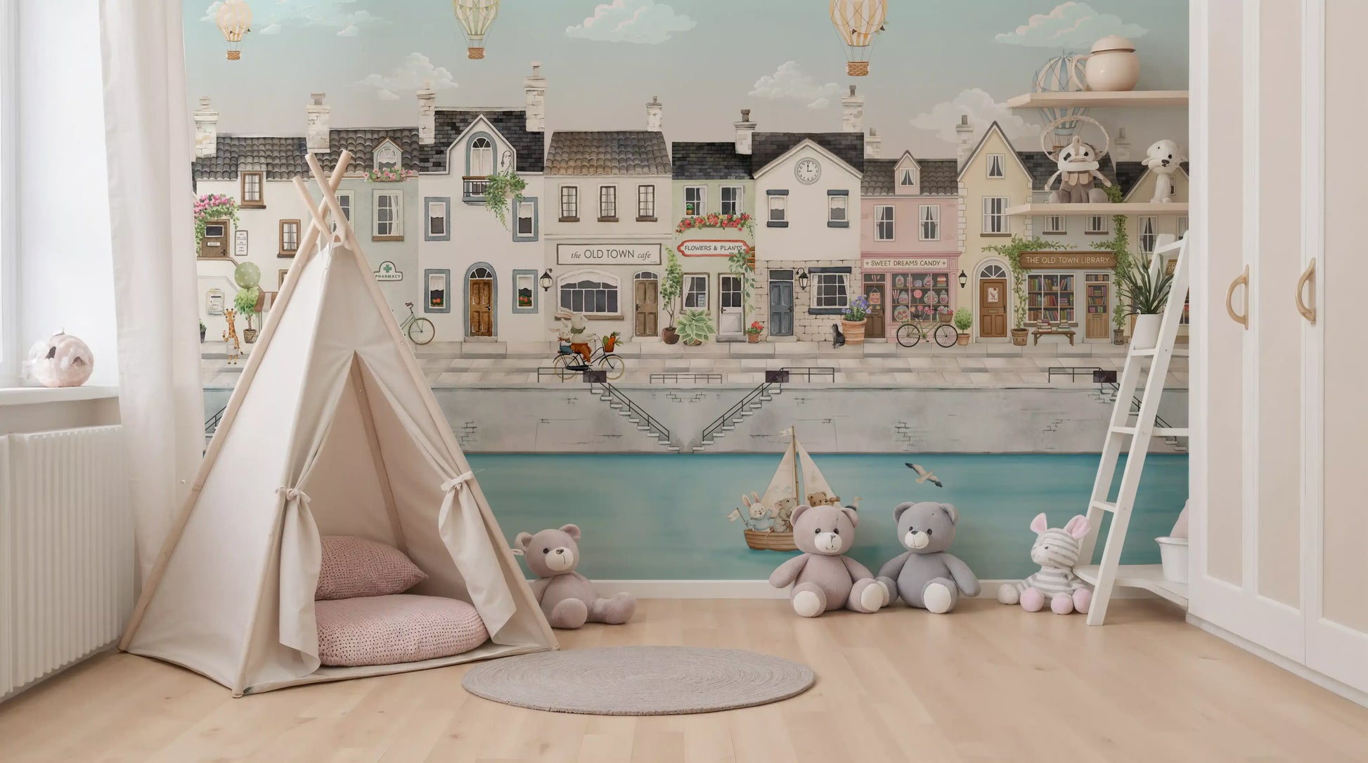 Pale aqua waterway scene fills the nursery on a Canal Dreams wall mural