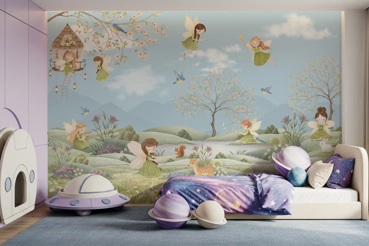 Kids' room styled the Fairy Meadow Dreams wall mural in gentle greens