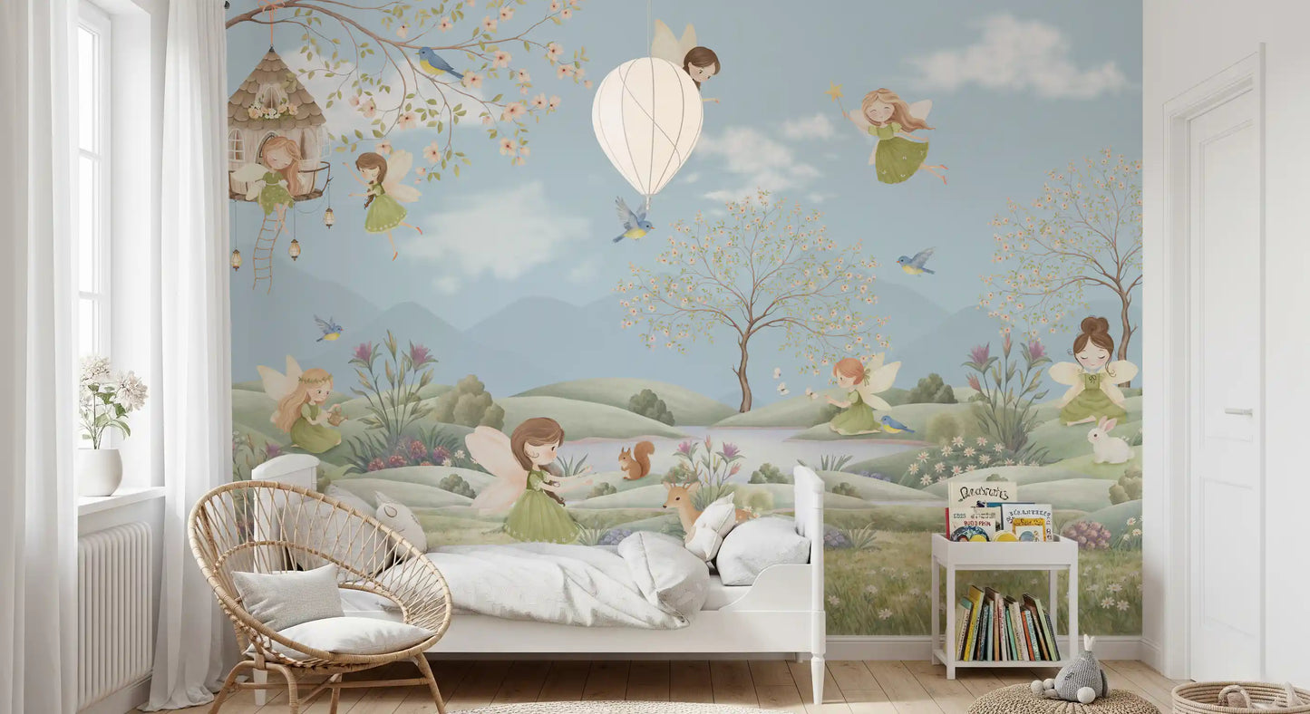 A spotted fawn and squirrel meet near daisies on the Fairy Dreams wall mural