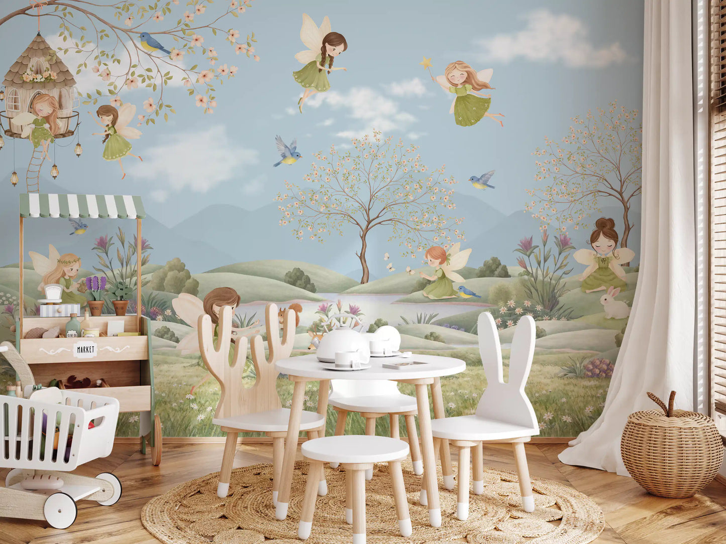 Bluebirds flit past a hanging treehouse in the Dreams wall mural
