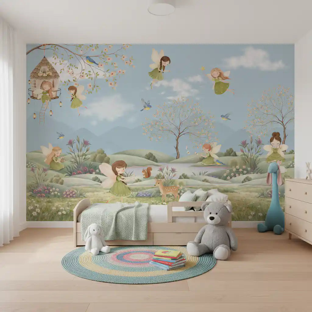 Fairies in green dresses hover above blossom trees in this Meadow Dreams wall mural
