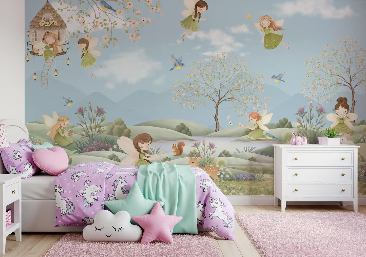 Girls' room feature with fairies and hills from the Fairy Meadow wall mural