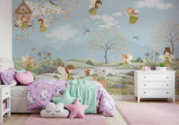 Girls' room feature with fairies and hills from the Fairy Meadow wall mural