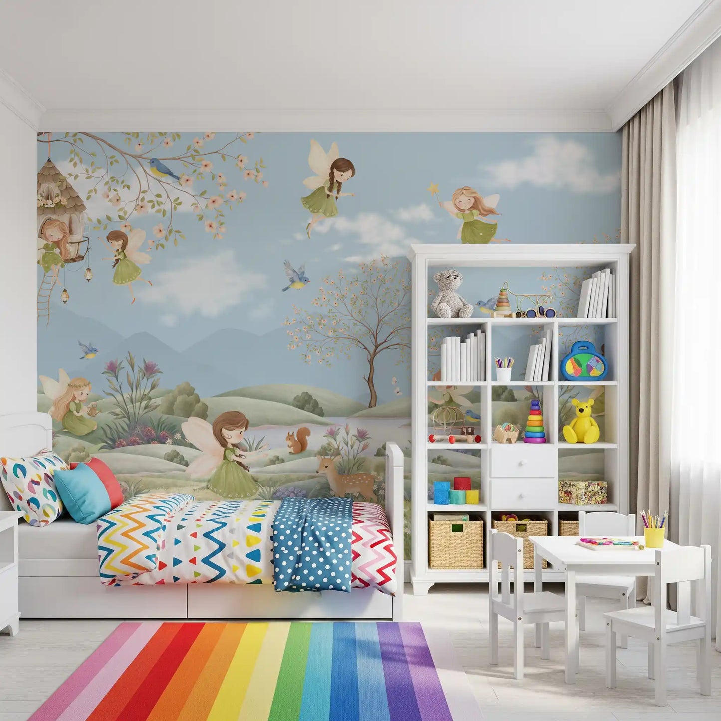Kids bedroom area , the Fairy Dreams wall mural sets a calm scene