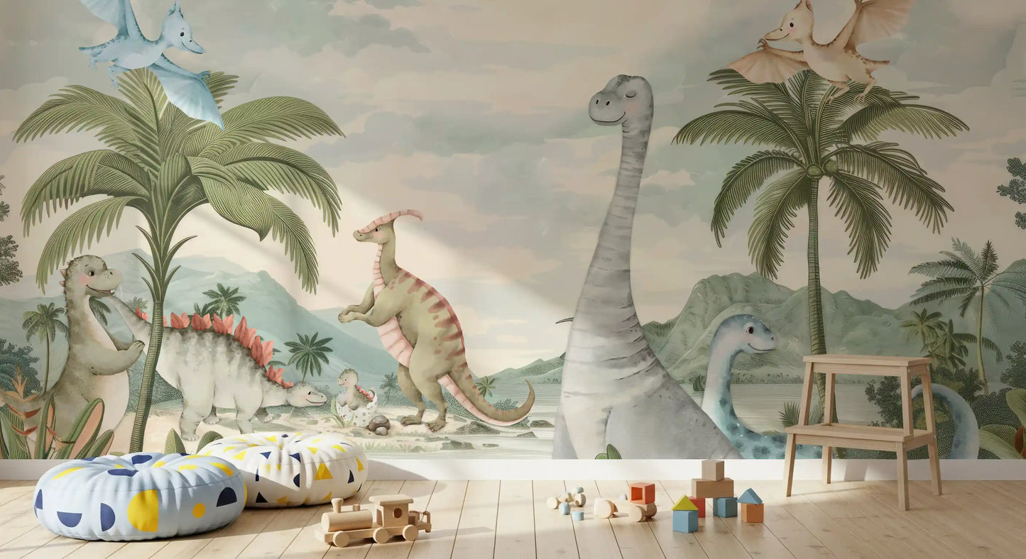 Whimsical Dino World Wall Mural