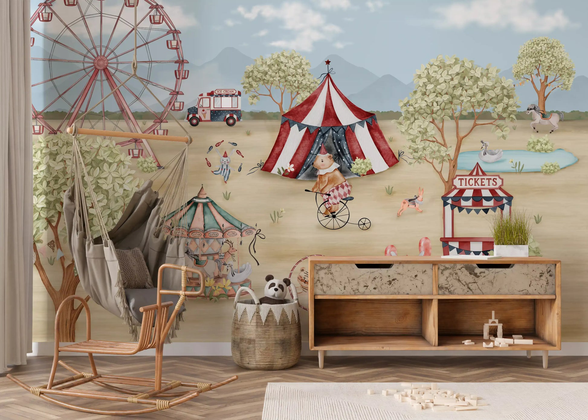 Watercolour bears and rabbits play through the Whimsical Day wall mural