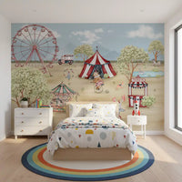 A carousel spins beside the ticket booth on this Carnival Day wall mural