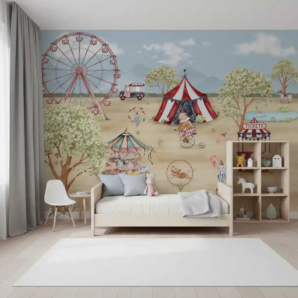 Leafy trees frame the fairground on the Whimsical Day wall mural