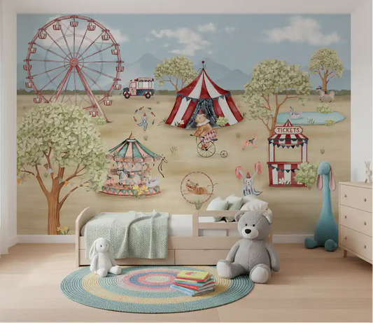 Whimsical Day wall mural sets a playful tone in a sunlit nursery