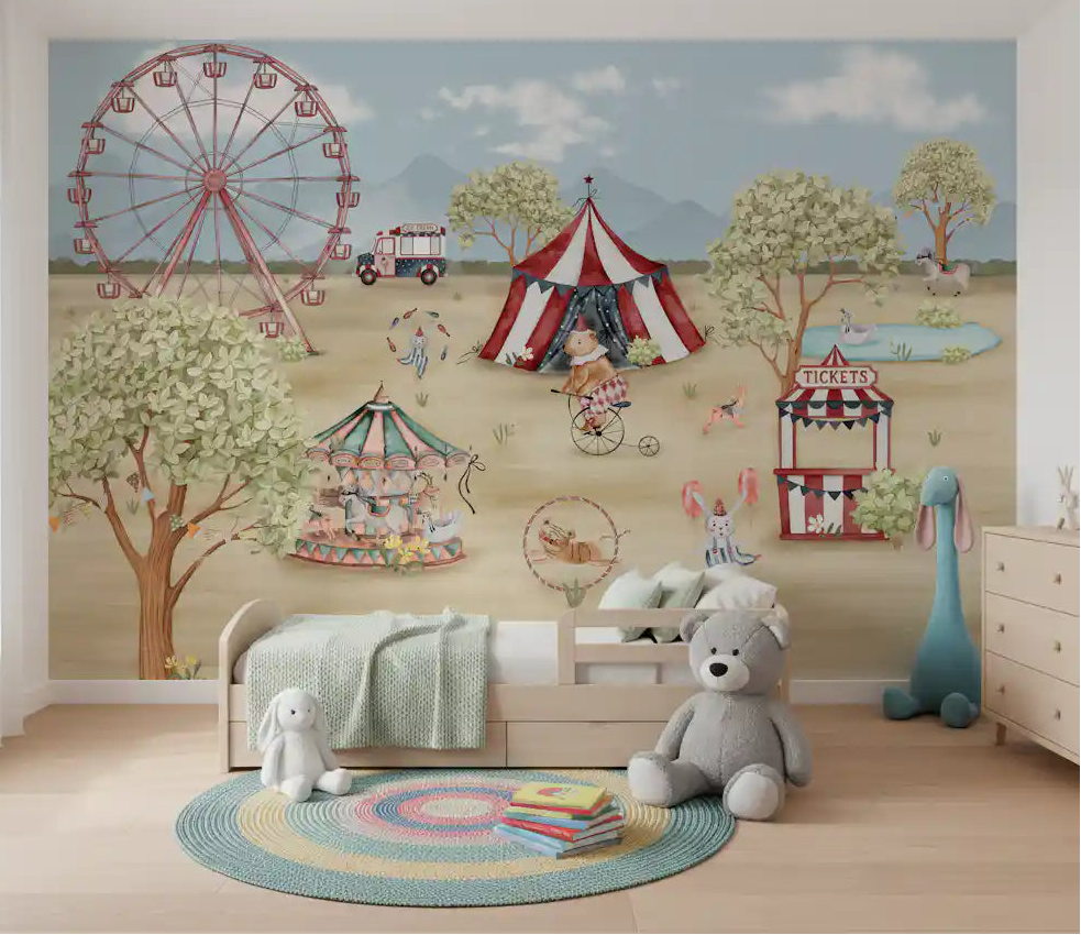Whimsical Day wall mural sets a playful tone in a sunlit nursery