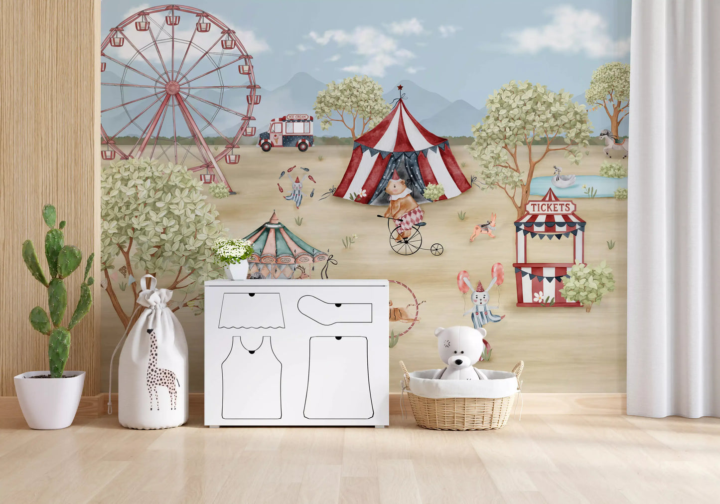 Kids Play area, the Whimsical Carnival Day wall mural keeps motifs gentle