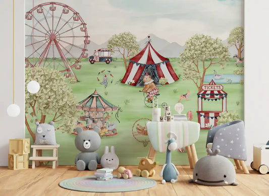 Nursery styled the Whimsical Meadow Carnival wall mural and pastel rug
