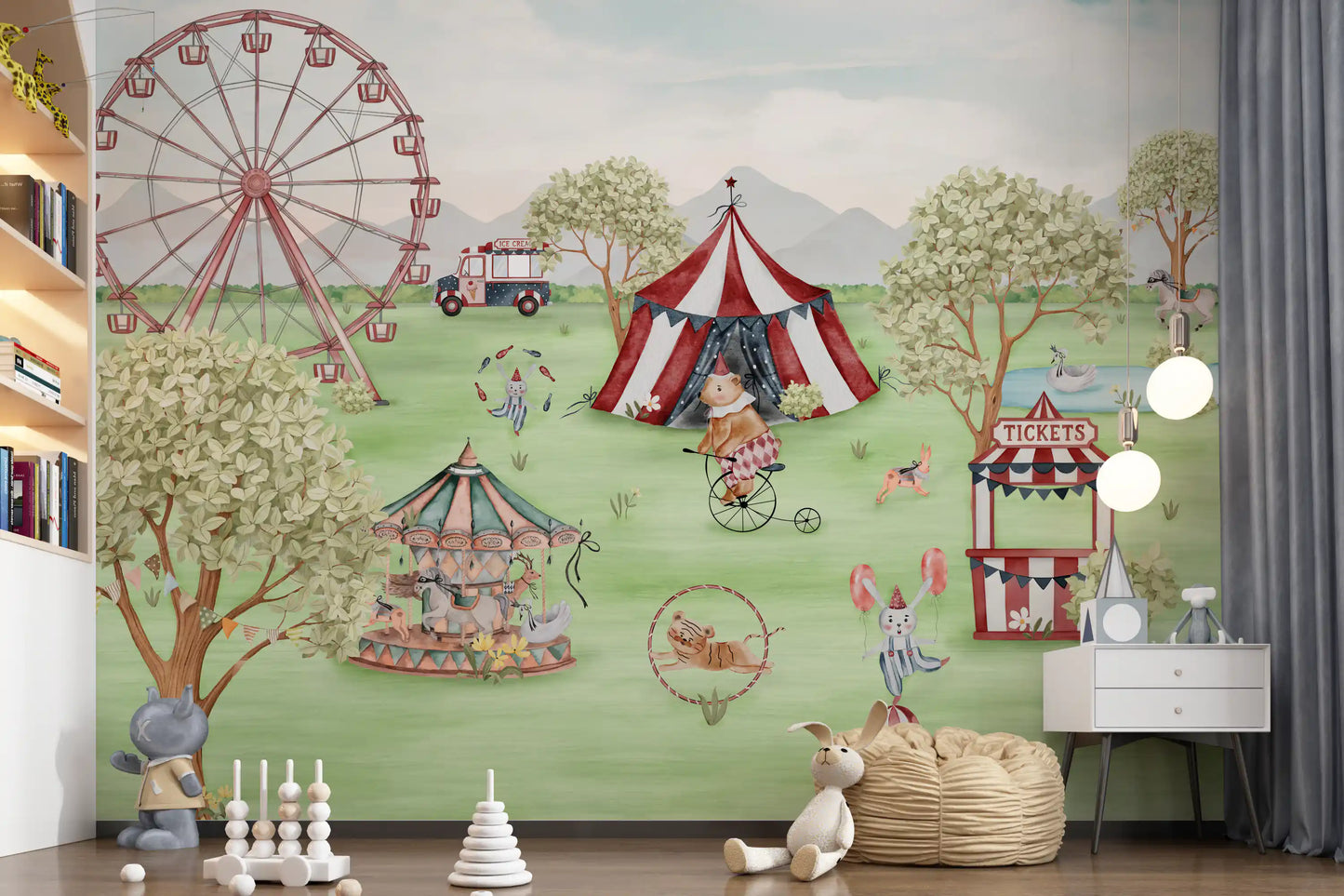 Playroom scene the Whimsical Meadow Carnival wall mural a teddy corner