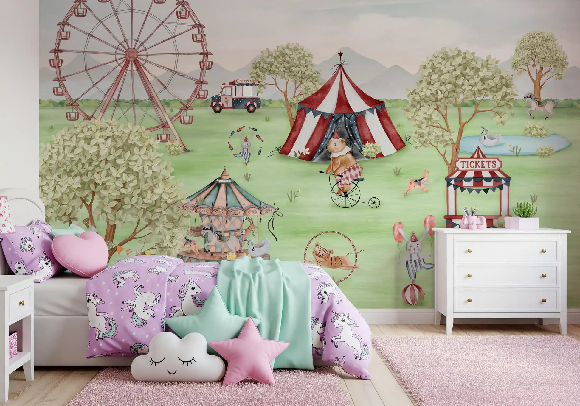 Whimsical Carnival wall mural showing Ferris wheel, big top and carousel