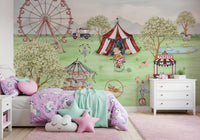 Whimsical Carnival wall mural showing Ferris wheel, big top and carousel
