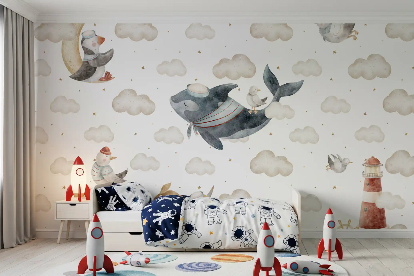 Toddler room paired with the wall mural, a rainbow rug, and soft plush toys