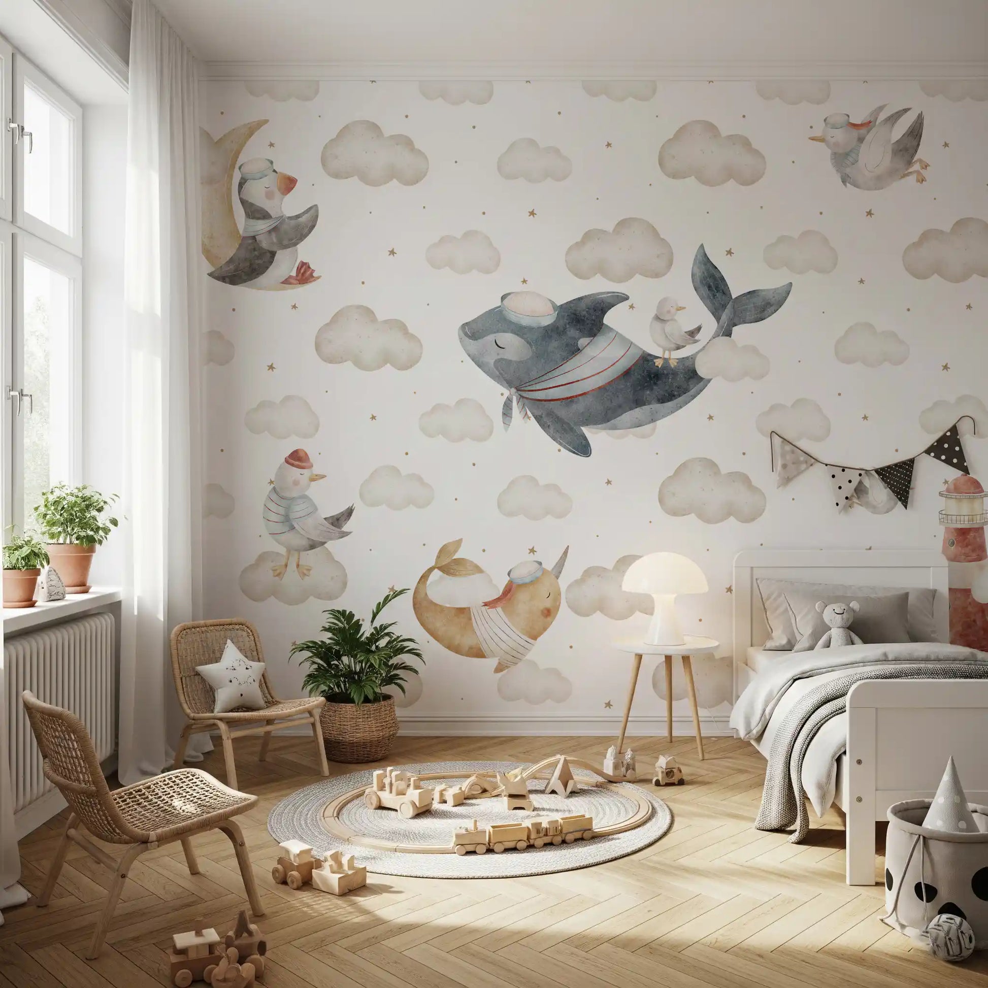 Tiny seagull perches on a whale's tail across the Cloud wall mural
