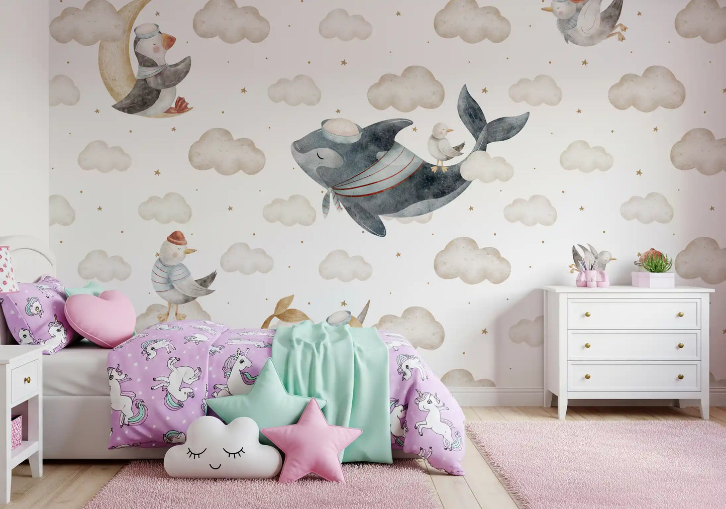 Watercolour sailor whale floats between beige clouds on the Dreams wall mural