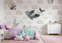 Watercolour sailor whale floats between beige clouds on the Dreams wall mural