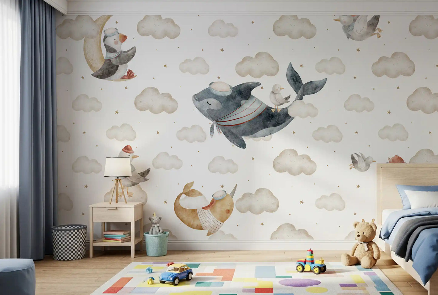 Kids Bedroom around the Nautical Cloud Dreams wall mural with a low bed and toy 