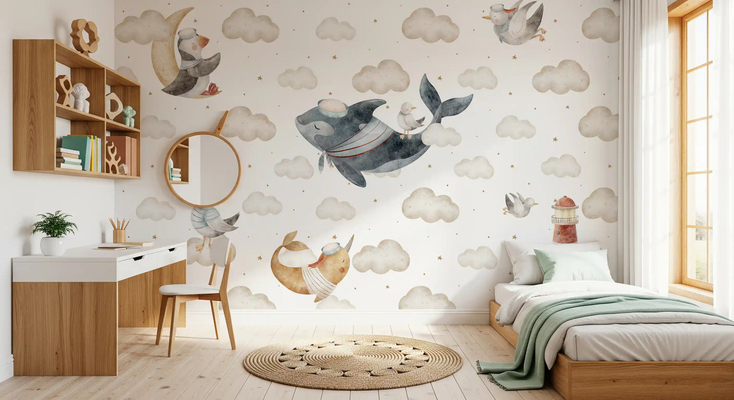 Kids bedroom by sailor whale clouds across the Nautical Dreams wall mural
