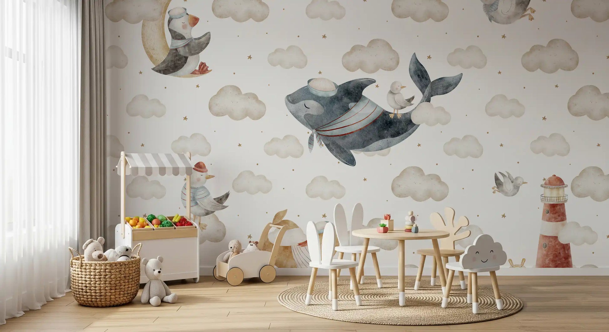 Kids play area dressed in the Cloud Dreams wall mural 