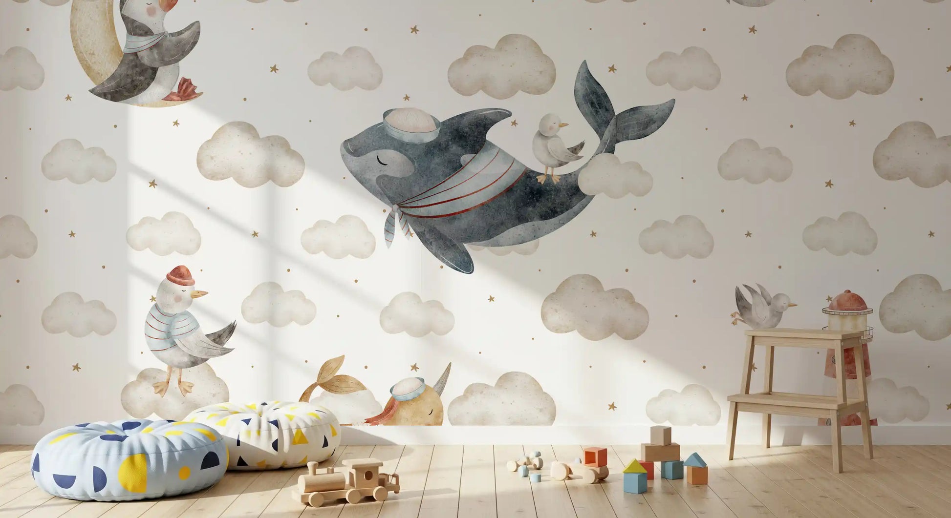 Puffin on a crescent moon from the Nautical Cloud Dreams wall mural