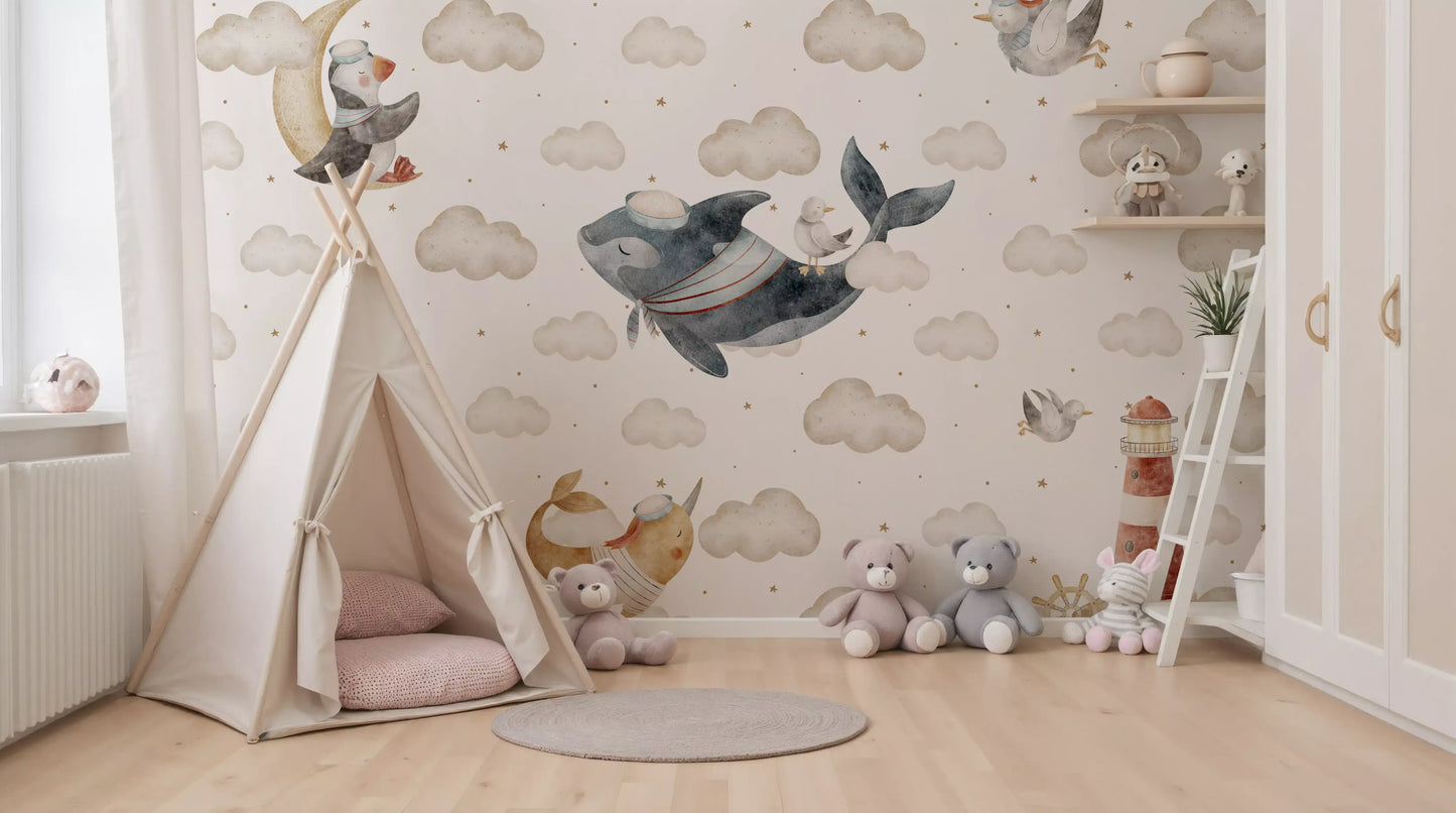 Nursery play area  for little ones backed by the Nautical Cloud Dreams wall mural 