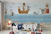 Red-and-white lighthouse keeps watch on the right side of this wall mural