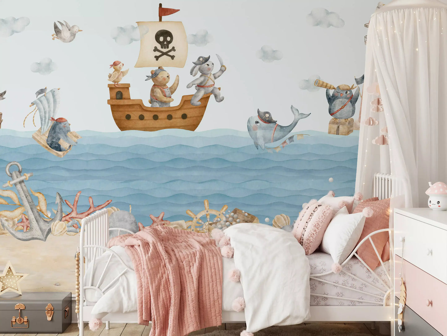 Kids bedroom feature run finished with the Nautical Friends Ahoy wall mural