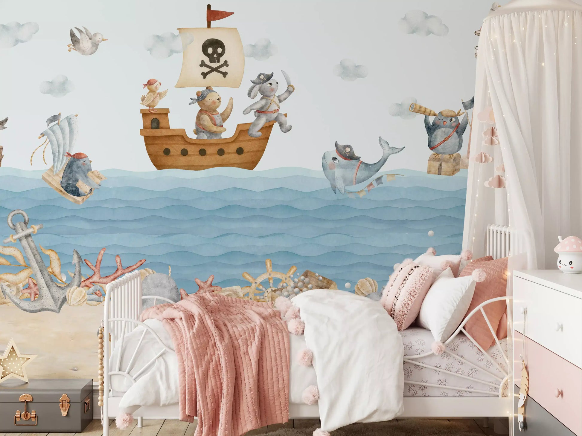 Kids bedroom feature run finished with the Nautical Friends Ahoy wall mural