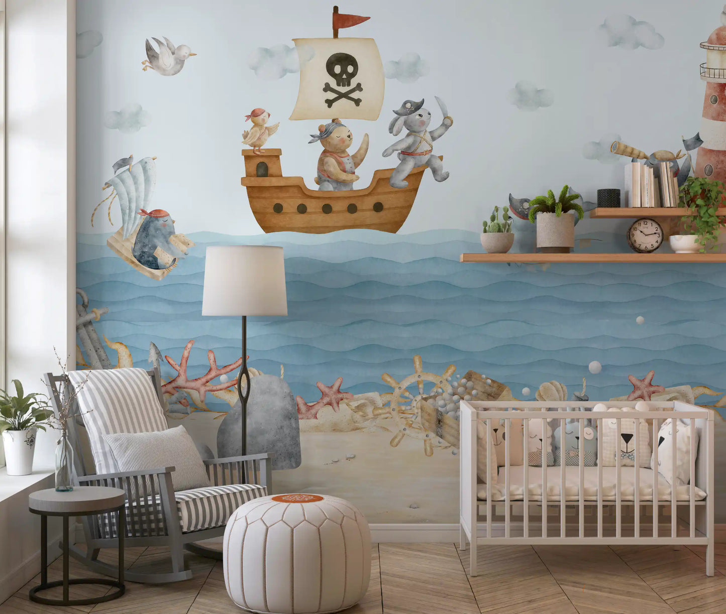 Nursery paired with the pirate-themed nautical wall mural