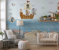 Nursery paired with the pirate-themed nautical wall mural
