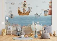Kids play room  backed by the Nautical Friends Ahoy ocean wall mural