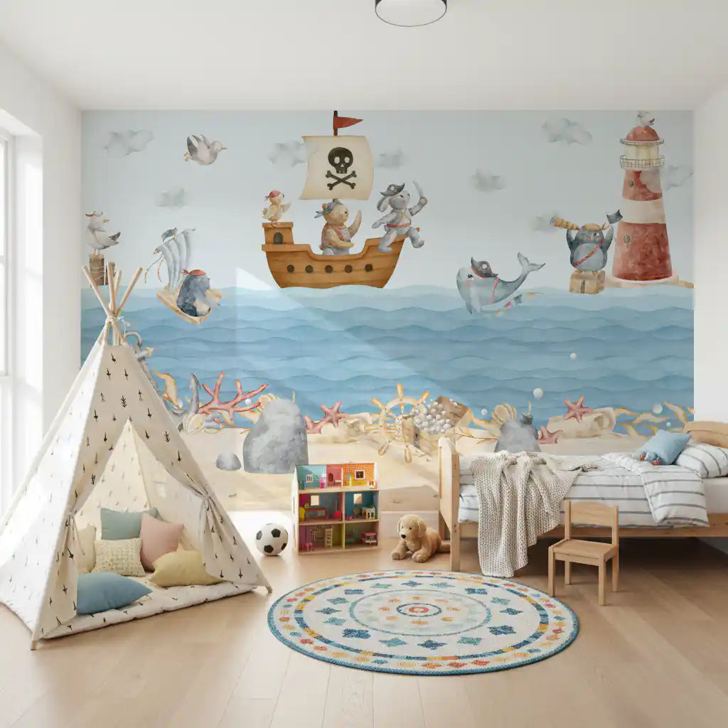 Bunny pirates crew a wooden ship in the Nautical Friends Ahoy wall mural